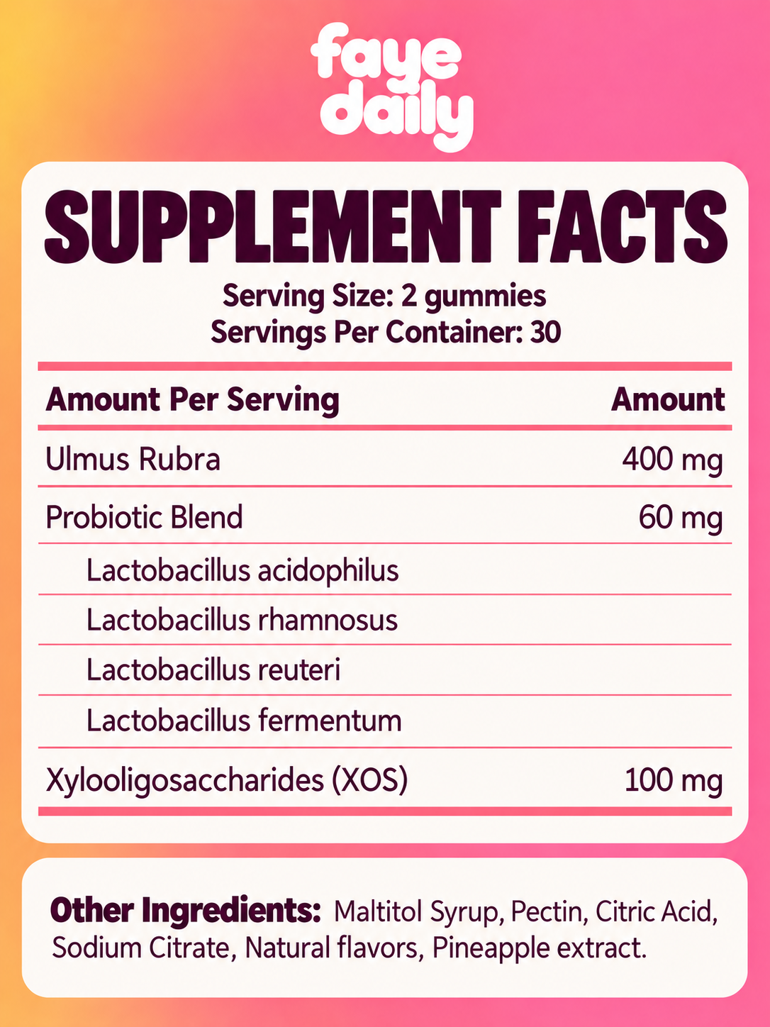 Supplement Facts panel for Faye Daily Women's Probiotic + Slippery Elm Gummies