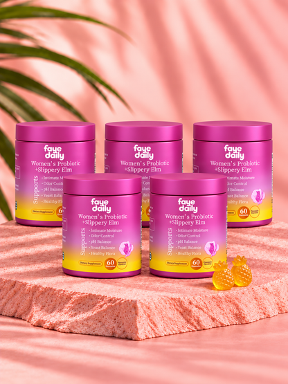 Five jars of Faye Daily Women's Probiotic + Slippery Elm Gummies
