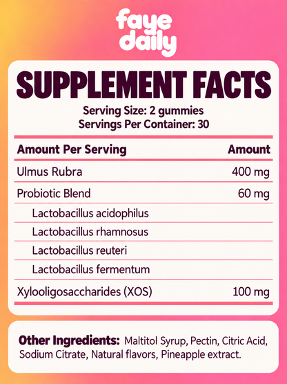 Supplement Facts panel for Faye Daily Women's Probiotic + Slippery Elm Gummies